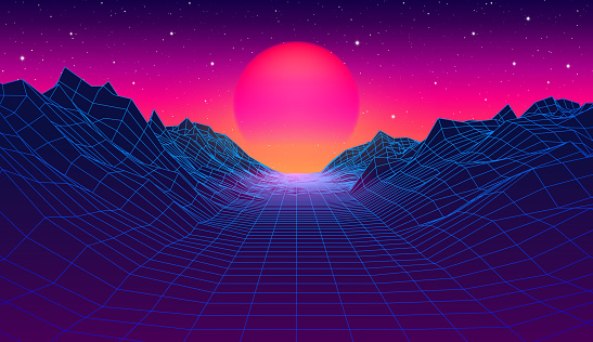 80s synthwave styled landscape with blue grid mountains and sun over arcade space planet canyon