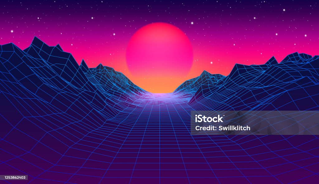 80s synthwave styled landscape with blue grid mountains and sun over canyon 80s synthwave styled landscape with blue grid mountains and sun over arcade space planet canyon Backgrounds stock vector