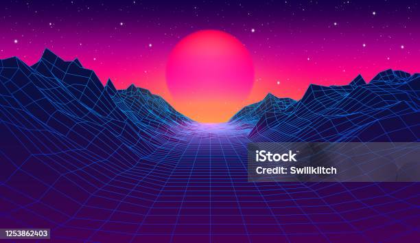 80s Synthwave Styled Landscape With Blue Grid Mountains And Sun Over Canyon Stock Illustration - Download Image Now