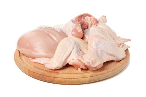istock Circle board with raw chicken meat isolated on white background 1253862525