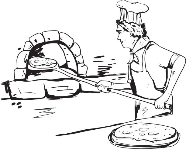 Pizzaiolo pizza maker throws pizza in stone oven with fire, vector icon illustration. Black and white pizza maker logo. Pizzeria vector illustration. Young pizzaiolo chief. pizza maker throws pizza in stone chief of staff stock illustrations