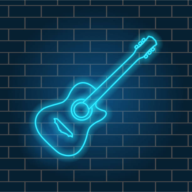 istock Acoustic guitar, beautiful neon glow. Musical instrument. Night signboard. Vector illustration. 1253863374