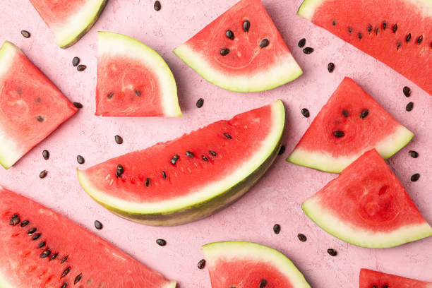 istock Composition with watermelon slices on pink background, top view 1253864948