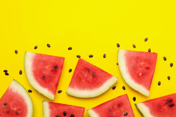 istock Composition with watermelon slices on yellow background, top view 1253865320