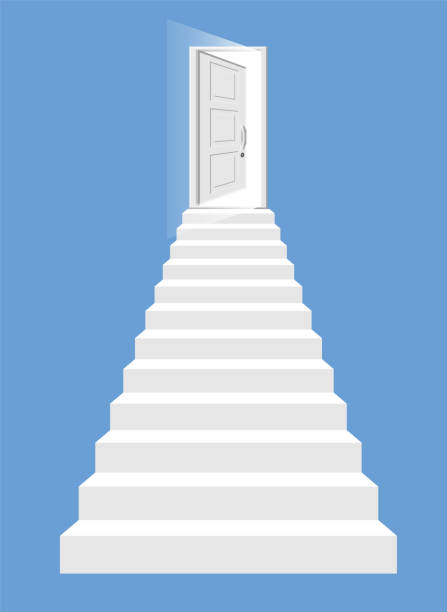 ilustraciones, imágenes clip art, dibujos animados e iconos de stock de escaleras blancas y puerta abierta aislada. - escalera hacia el cielo