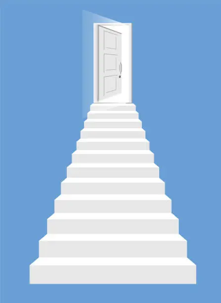 Vector illustration of White stairs and open door isolated.