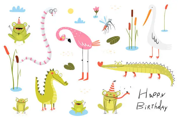Vector illustration of Lizard, frogs, alligators, crocodiles and flamingo with duck or cane birds . Swamp and lake doodle animals clipart cartoon collection for kids.