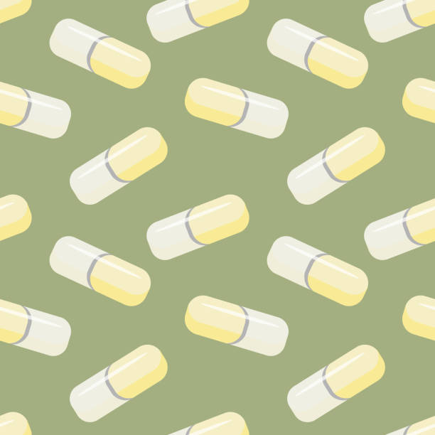 istock Medical pill seamless pattern on green background. Medicine capsule tablet in flat style. Natural preparations. Counterfeiting drugs. Antibiotic. Vitamin deficiency pill. Vector illustration. 1253872893