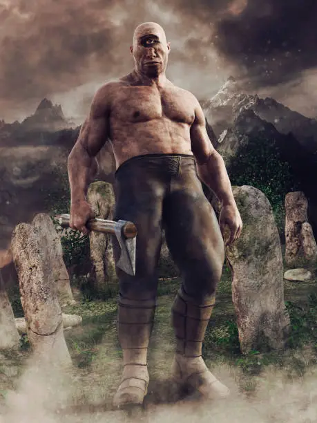 Fantasy cyclops with one eye standing with an axe among the circle of stones. 3D render.