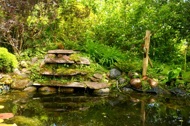 istock Close up on a stone made structure resembling a natural well or waterfall with a bamboo stick used for pouring water seen in the middle of a public park with many shrubs and trees in the background 1253873108