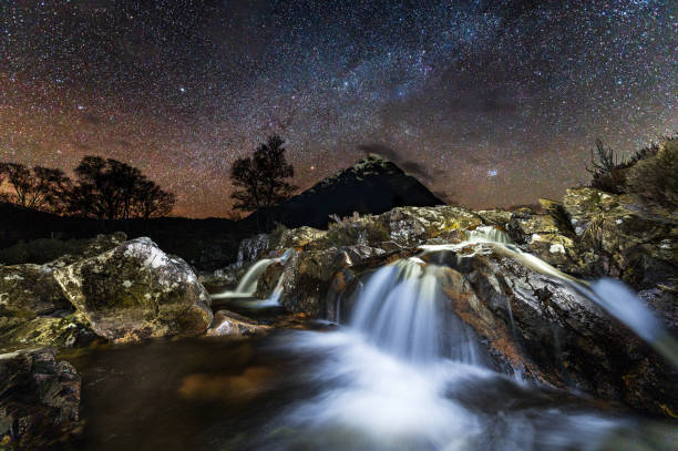 Waterfalls under a beautiful Scottish nights sky stock photo