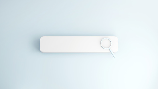 White search or magnifying glass in blank search bar on Blue Background, 3d render, minimal and copy space.