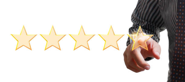 istock Hand of touching rise on increasing five stars. Increase rating evaluation classification concept 1253875605