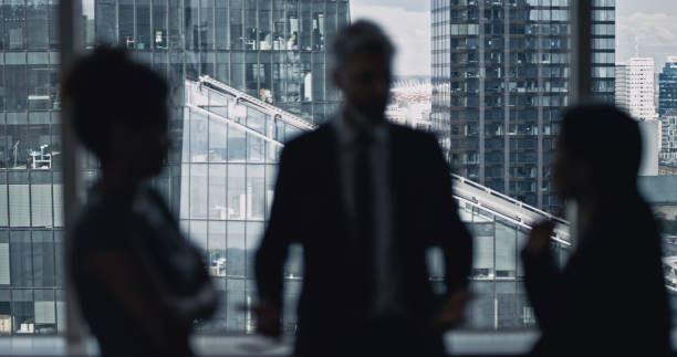 istock Multi ethnic business team talking. City panorama in background 1253878493