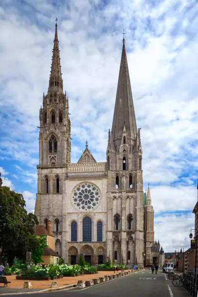 Chartres, France. General view of mediaeval cathedral of Notre Dame, built between 1194 and 1250. UNESCO World Heritage Site.