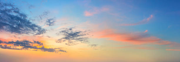 Huge Panoramic Sunrise Sundown Sunset Sky with colorful clouds, long panorama