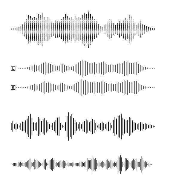 ilustraciones, imágenes clip art, dibujos animados e iconos de stock de conjunto de formas de onda de audio o ondas sonoras - lined pattern audio