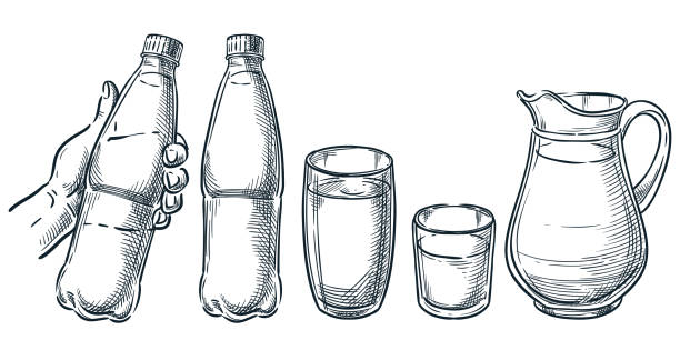 handhalten kunststoffflasche mit wasser. reines mineralisches trinkwasser in glasbecher und krug. vektorskizze illustration - destilliertes wasser stock-grafiken, -clipart, -cartoons und -symbole