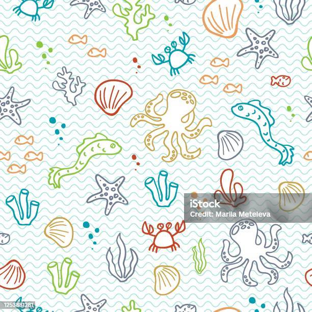 Seaworld Pattern Vector Sea World Seamless Vector Pattern With Starfish Moray Eel Crabs And ...