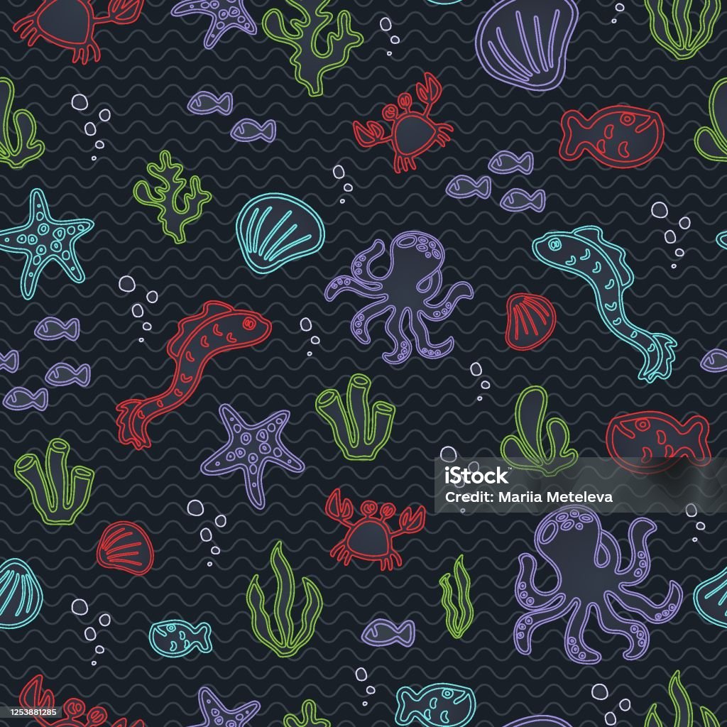Seaworld Pattern Vector Sea World Seamless Vector Pattern With Starfish Moray Eel Crabs And ...