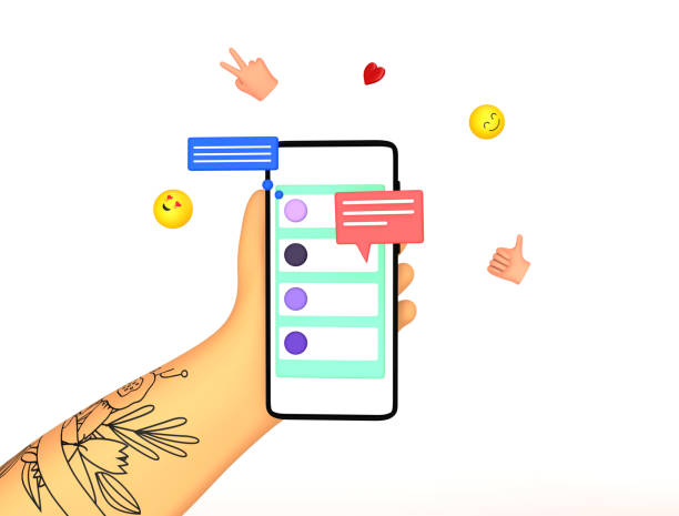 istock Hand with tattoo holding smartphone with short messages, chatting, sending smiles, likes. Online communication concept. Colorful trendy 3d render illustration. 1253881890