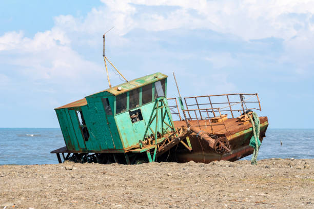 Abandoned ship on the Black Sea coast, landscape