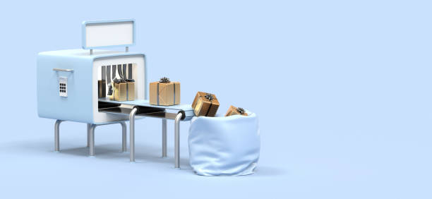 istock gifts on conveyor belt, illustration on logistics 1253882803