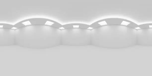 HDRI environment map of empty white room with white wall, floor and ceiling with square embedded ceiling lamps and hidden ceiling lights, 360 degrees spherical panorama background, 3d illustration