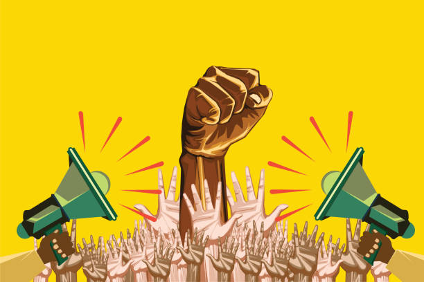 Stop racism and raise your voice End racial discrimination concept. Arms raised protest propaganda stock illustrations