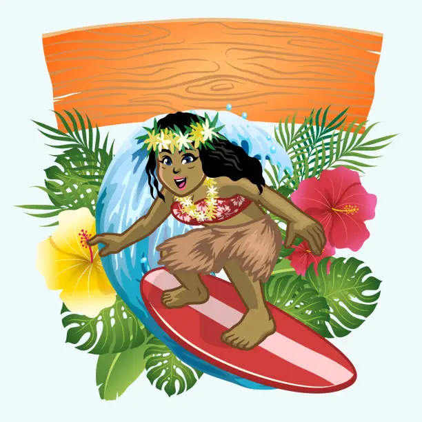 Vector illustration of design of cartoon hawaiian girl surfer