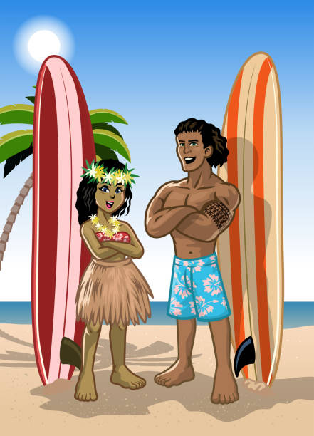 paar hawaiian surfer junge und mädchen - hawaii inselgruppe stock-grafiken, -clipart, -cartoons und -symbole