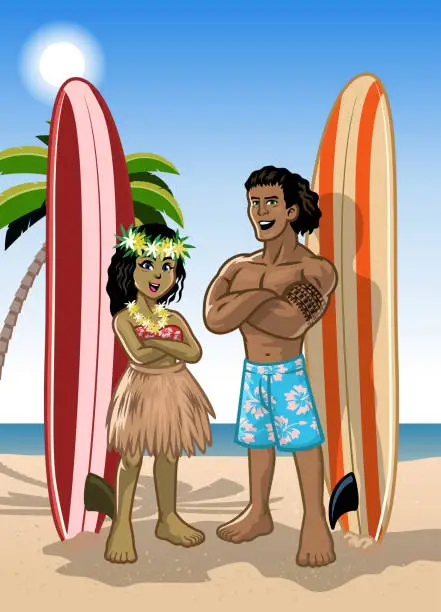 Vector illustration of couple of hawaiian surfer boy and girl