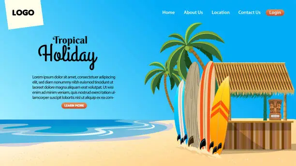 Vector illustration of landing page design with tropical beach bar situation