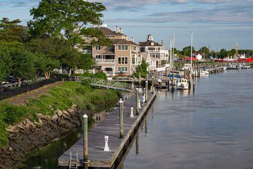 Lewes, Delaware waterfront with boats and restaurants in summer