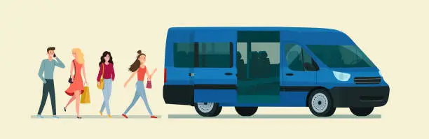 Vector illustration of Passengers board a passenger van car. Vector flat style illustration.