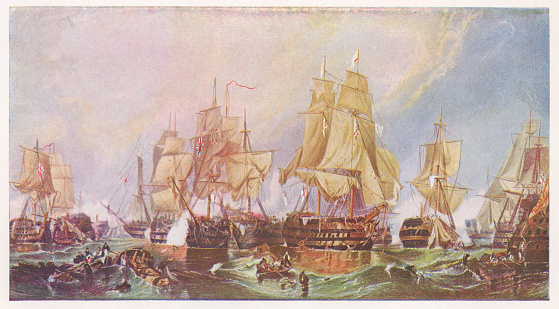The Battle of Trafalgar by Clarkson Frederick Stanfield sometimes mis credited as William Clarkson Stanfield (circa 19th century). Vintage etching circa late 19th century.