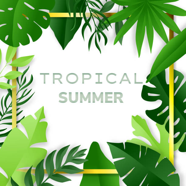 istock Green tropical leaves frame. Summer background. Paper cut style. Vector illustration 1253886578