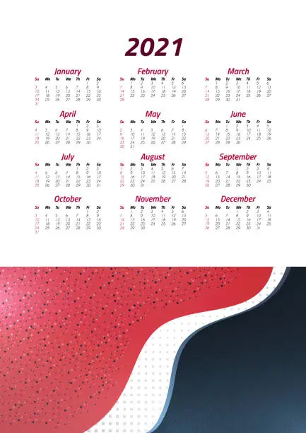 Vector illustration of English calendar of 2021. Week starts on Sunday. Office supplies design. Business template. Abstract colorful illustration.