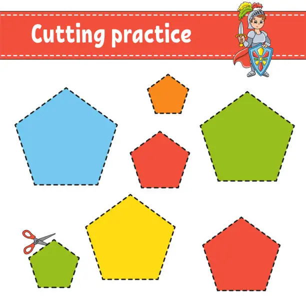 Vector illustration of Cutting practice for kids. Education developing worksheet. Activity page with pictures. Color game for children. Isolated vector illustration. Funny character. Cartoon style.