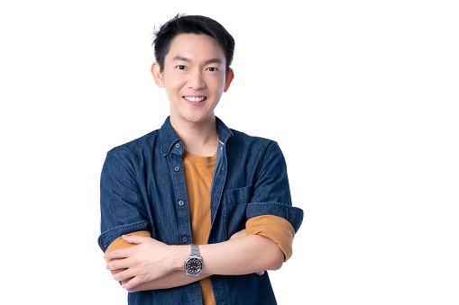 portrait asian smile attractive male casual costime smile with cheerful and confident positive thinking posture isolate white background