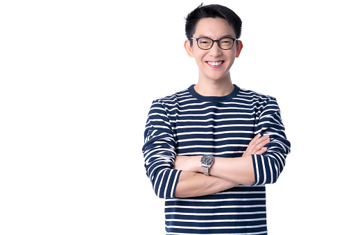 portrait asian glasses attrative male casual costime smile with cheerful and confident positive thinking posture isolate white background