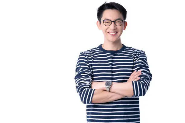 Photo of portrait asian glasses attrative male casual costime smile with cheerful and confident positive thinking posture isolate white background