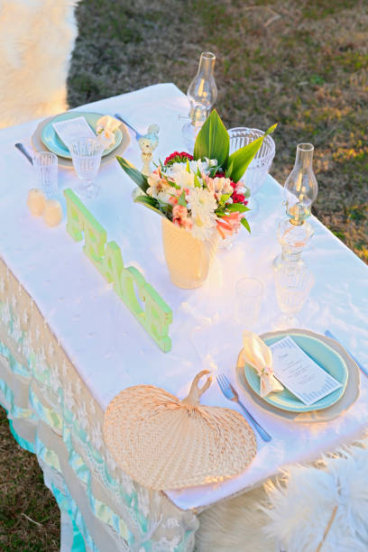 istock Decorated wedding table in the field at sunset 1253889148