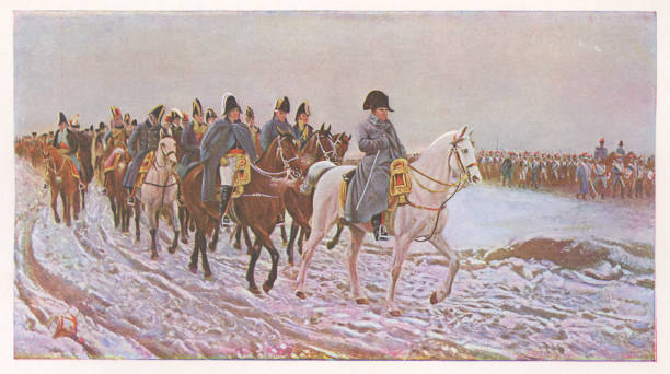 Campaign of France 1814, The Retreat From Moscow by Ernest Meissonier - 19th Century Campaign of France, 1814 (originally entitled The Retreat From Moscow) by Jean-Louis-Ernest Meissonier (circa 19th century). Vintage etching circa late 19th century. prussia stock illustrations
