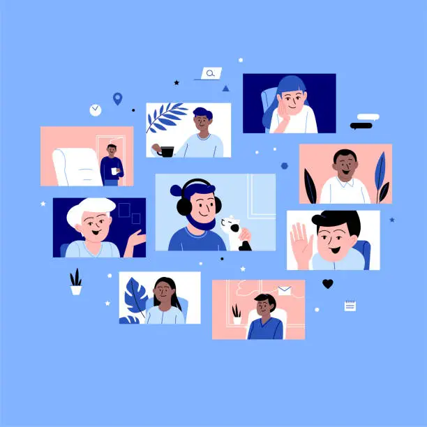 Vector illustration of Diverse people participating in the online conference call. Friends meeting up online. Team working from home via videocall on different devices. Background with icons pattern