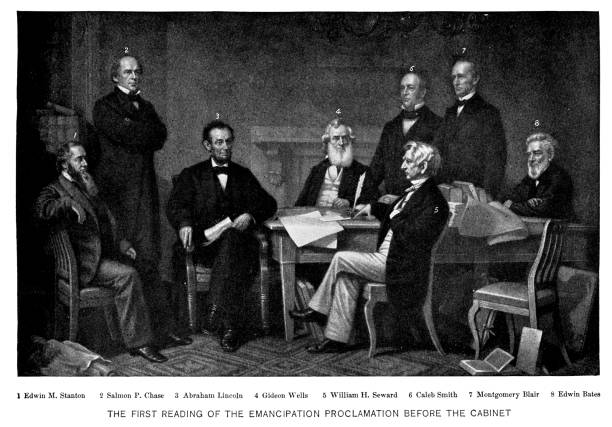 First Reading of the Emancipation Proclamation of President Lincoln by Francis Bicknell Carpenter - 19th Century First Reading of the Emancipation Proclamation of President Lincoln by Francis Bicknell Carpenter. Vintage etching circa late 19th century. emancipation proclamation stock illustrations