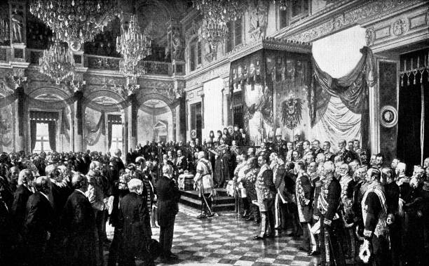 Opening of the German Reichstag in the White Hall of the Berlin Schloss, by Kaiser Wilhelm II by Anton von Werner - 19th Century “Opening of the German Reichstag in the White Hall of the Berlin Schloss, by Kaiser Wilhelm II” by Anton Alexander von Werner (circa 19th century). Vintage etching circa late 19th century. prussia stock illustrations