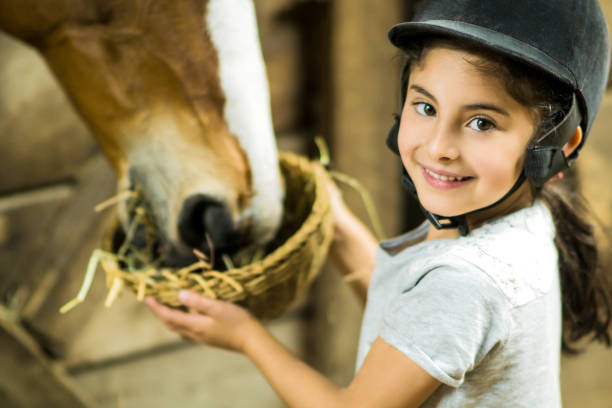 linda niña sonriendo a la cámara mientras alimenta a un caballo - horse child animal feeding fotografías e imágenes de stock