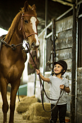 Sweet girl at a stable admiring her horse while smiling very happy
