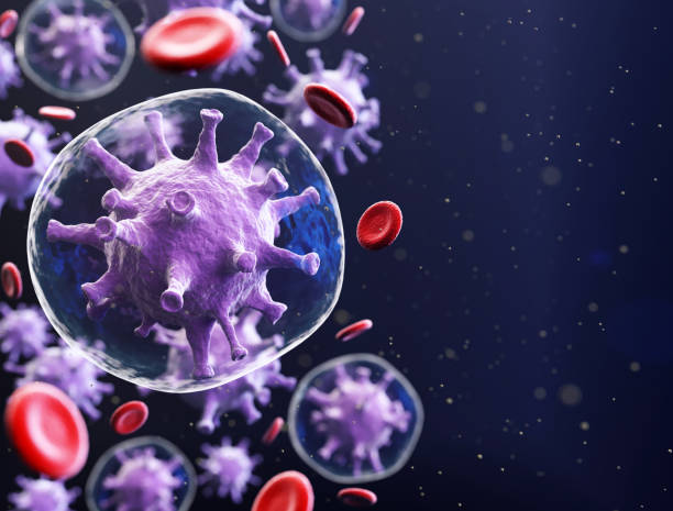 istock Corona virus mixed with blood cells copy space template 1253897511